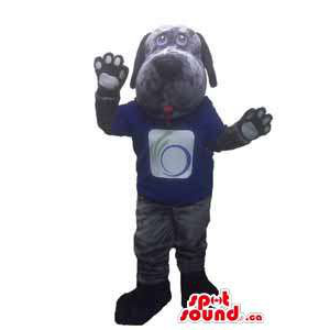 All Grey Peculiar Dog Pet Animal Mascot Dressed In A T-Shirt With Logo
