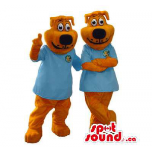 Dog Couple Mascots Dressed In A Blue T-Shirt With A Logo