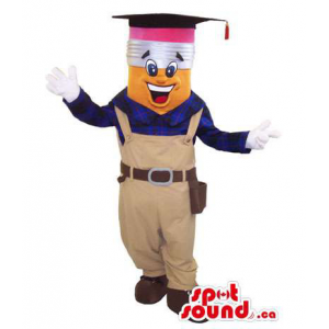 Customised Pencil Mascot Dressed In Worker Overalls
