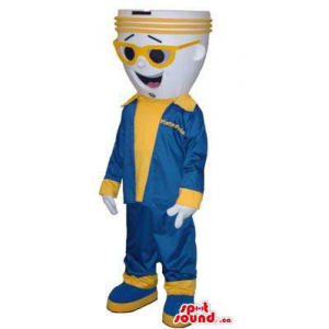 Mascota Bombilla Con Ropa Amarilla Y Azul Y Gafas De Sol