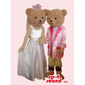 Brown Teddy Bear Couple Mascots Dressed In Wedding Gear