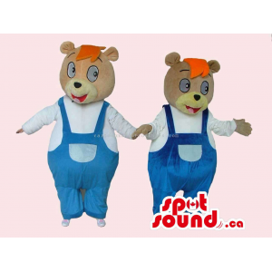 Brown Bear Couple Mascots With Orange Hair Dressed In Overalls