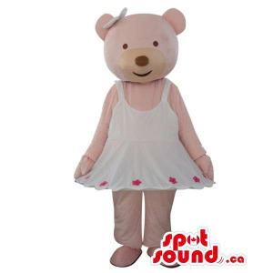 Pink Bear Girl Mascot Dressed In A White Dress And Ribbon