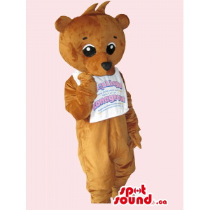 All Brown Teddy Bear Mascot Dressed In A T-Shirt With Text