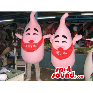 Pink Character Couple Mascots Dressed In A Neck Scarf With Text