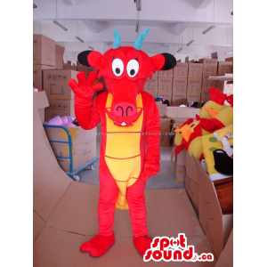 Mascota Dragón Rojo Con Barriga Amarillo Y Cuernos Azules