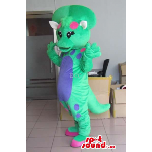 Mascota Dinosaurio Verde Con Barriga Azul Y Hueso Personalizable