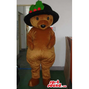 Brown Plush Teddy Bear Mascot Dressed In A Black Hat