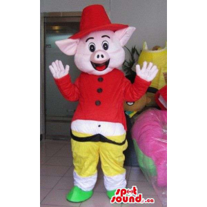 Cute Pig Animal Mascot Dressed In Special Clothes Like A Red Hat