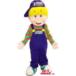 Blond Boy Peculiar Mascot Dressed In Blue Overalls And A Striped Shirt