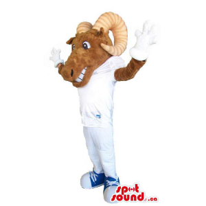 Brown Antelope Animal Mascot Dressed In White Gear