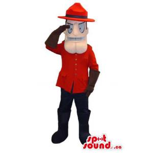 Human Character Mascot Dressed In Guard Clothes And A Hat