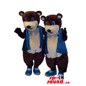 Brown Bear Forest Couple Mascots In A Blue Neck Tie And Smoking