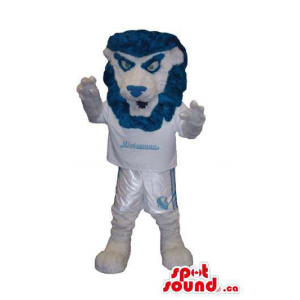 White And Blue Lion Animal Mascot Dressed In Sports Gear