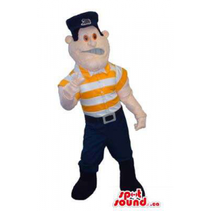 Guard Human Character Mascot Dressed In A Hat And Striped Shirt