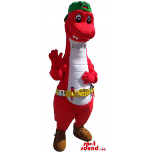 Red And White Dinosaur Mascot With A Cap And Tools