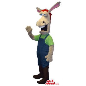 Customised Beige Horse Animal Character Mascot Dressed In Overalls