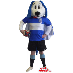 Blue And White Dog Mascot Dressed In Rugby Sports Clothes