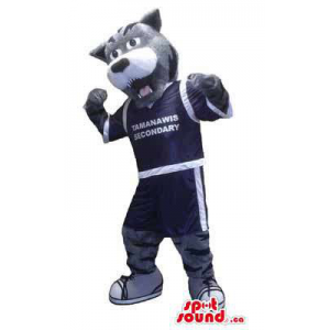 Grey Cat Pet Animal Mascot Dressed In Sports Gear With Text