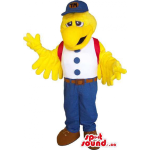 Yellow Bird Mascot Dressed In A White Shirt And A Blue Cap