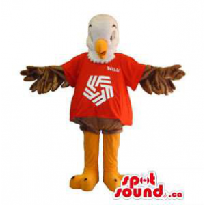 White And Brown Eagle Mascot Dressed In A Red T-Shirt With A Logo