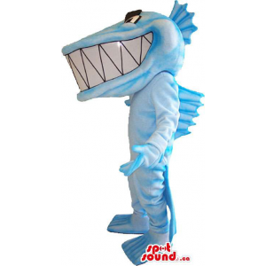 Blue And White Fish Plush Mascot With Fins And Giant Teeth