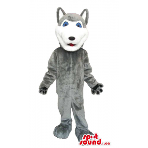 Grey Wolf Animal Plush Mascot With Closed Mouth And Blue Eyes
