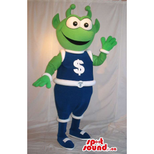Mascote Estrangeiro verde bonito vestiu-se em espaço de engrenagem com sinal de dólar - 1