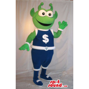 Cute Green Alien Mascot Dressed In Space Gear With Dollar Sign - 1