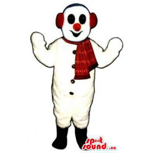 White Snowman Plush Mascot Dressed In A Red Scarf And Ear Warmers