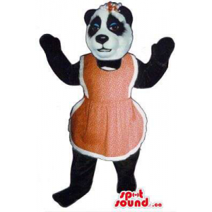 Girl Panda Bear Forest Mascot Dressed In A Red Apron And Ribbon