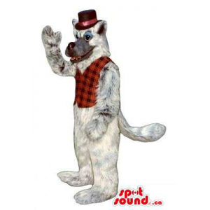 Light Grey Wolf Plush Animal Mascot Dressed In A Red Vest And Top Hat