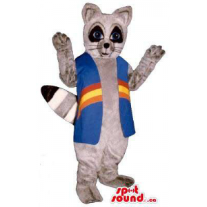Brown Raccoon Animal Plush Mascot Dressed In A Blue Long Vest