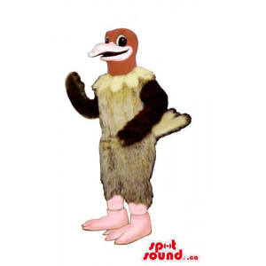 Peculiar Beige Woolly Bird Mascot With Red Head And Pink Legs