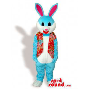 Blue Rabbit Animal Plush Mascot Dressed In A Red Vest