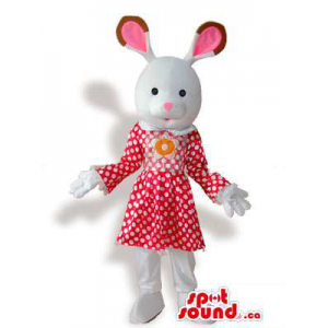 White Rabbit Girl Plush Mascot Dressed In A Red Dress With Dots