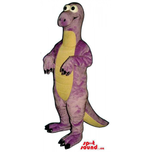 Dinosaur-de-rosa da mascote de pelúcia com uma barriga verde e