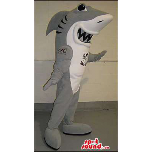Grey And White Shark Animal Mascot With Logos And Text