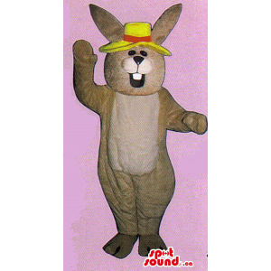 Light Brown Rabbit Plush Mascot Dressed In A Yellow Hat