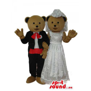 Brown Teddy Bear Couple Plush Mascot Dressed In Wedding Clothes