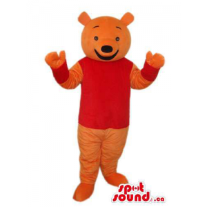 Orange Bear Plush Animal Mascot Dressed In A Red T-Shirt