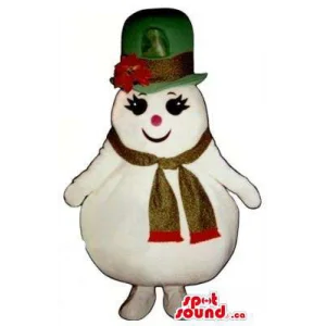 Cute Girl Snowman Plush Mascot Dressed In A Green Hat And A Scarf