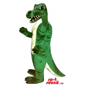 Green And White Angry Dinosaur Animal Mascot With Sharp Teeth