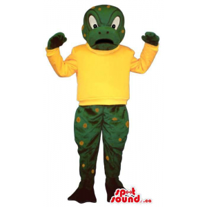 Green Frog Mascot With Yellow Spots Dressed In A Yellow T-Shirt