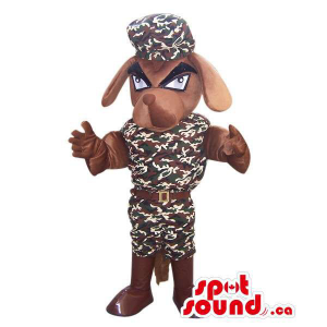 Brown Angry Dog Mascot Dressed In A Camouflage Uniform