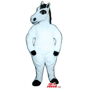 All White Horse Plush Mascot With Black Eyes And Hair