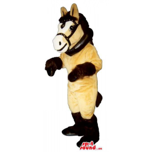 Customised Beige And Brown Horse Plush Mascot Dressed In Reins