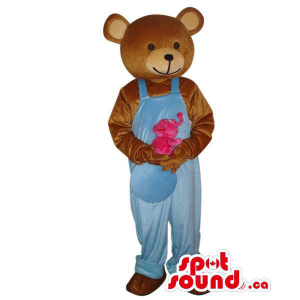 Brown Teddy Bear Forest Mascot Dressed In Blue Overalls