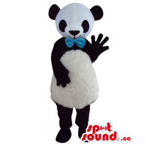 Cute Panda Bear Plush Mascot Dressed In A Blue Ribbon