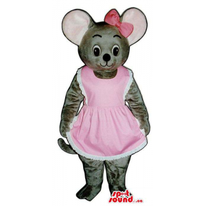 Grey Girl Mouse Mascot Dressed In A Pink Dress And A Ribbon